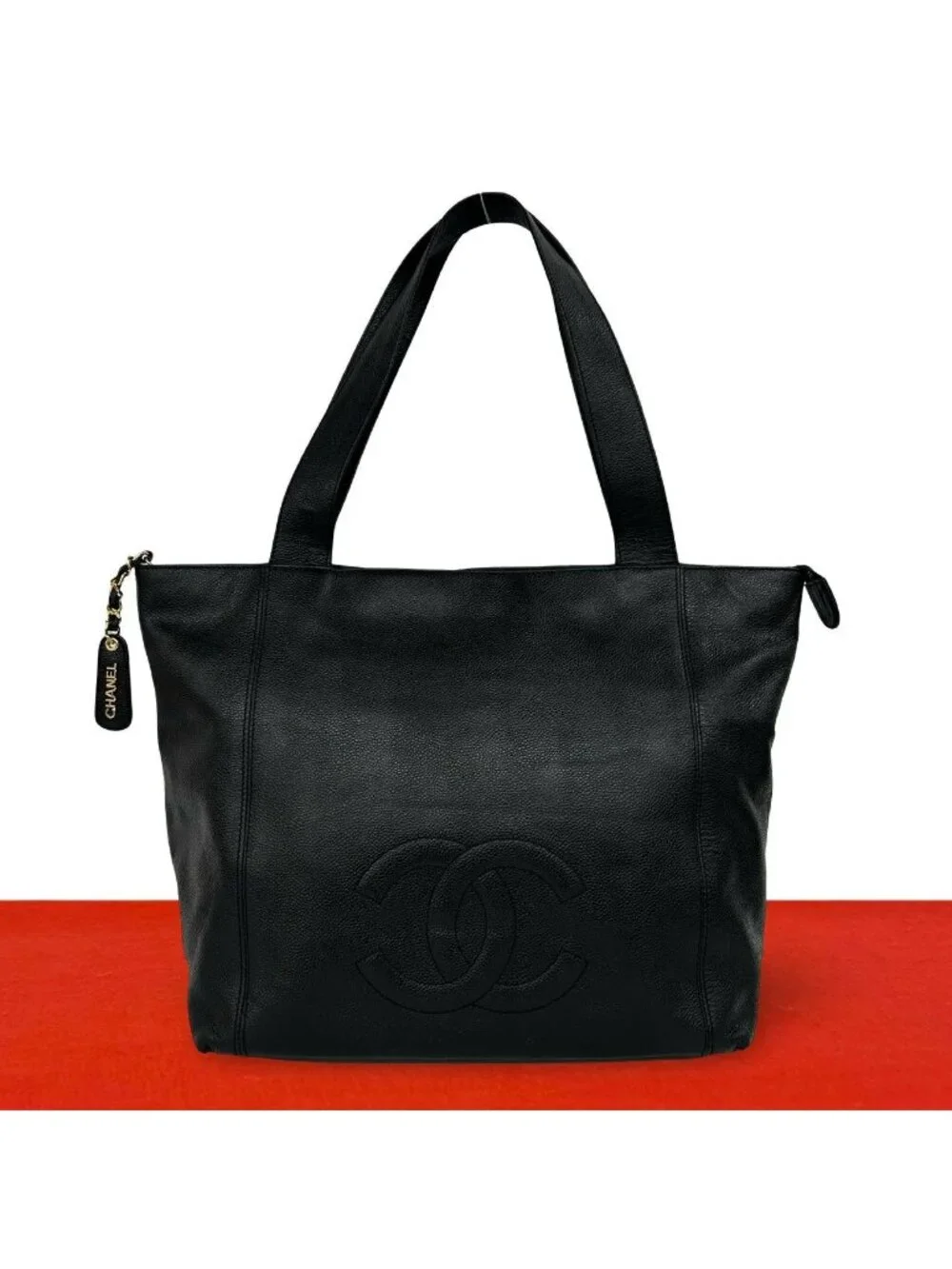 Chanel Vintage CC Logo Caviar Leather Tote Bag Black